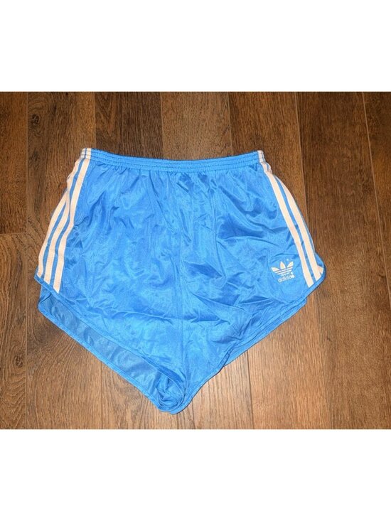 adidas Pants - 80s Adidas Shiny Nylon Sprinter Shorts Ladies Large Blue White Trefoil USA retro